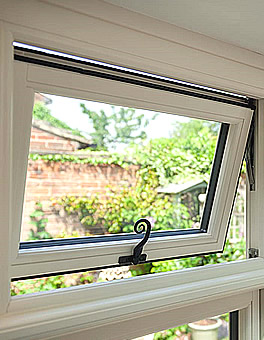 Top opener uPVC casement window with fancy handle